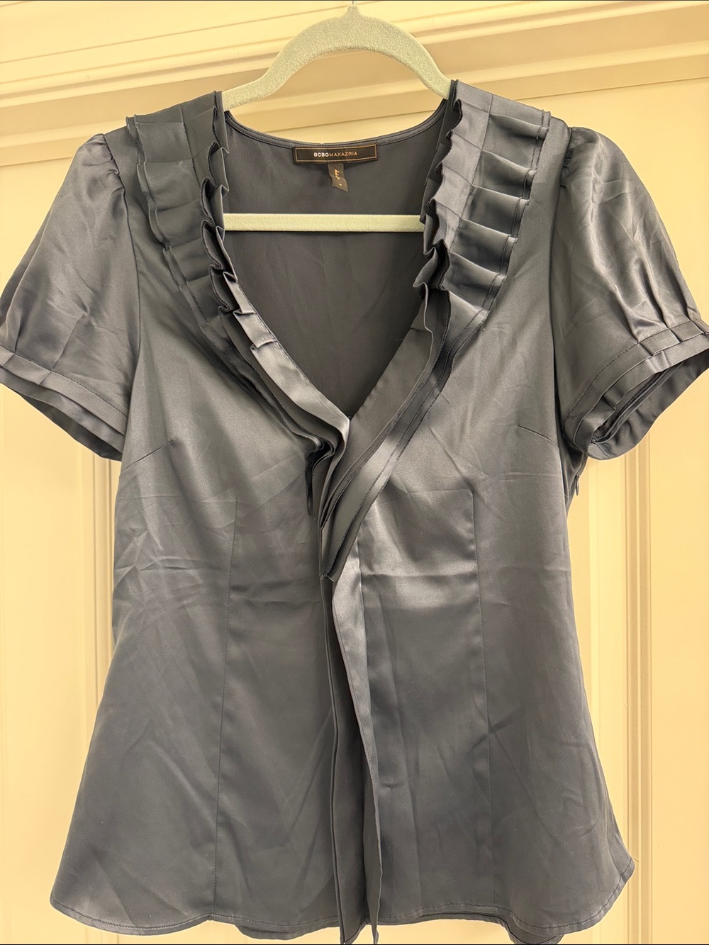 BCBG Slate Gray with Navy Hue, Satin Ruffle V-Neck Blouse